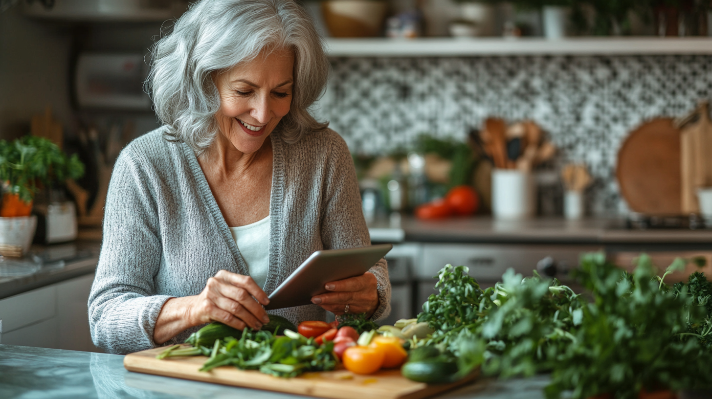 Щаслива літня пара готує здорову їжу разом на кухні